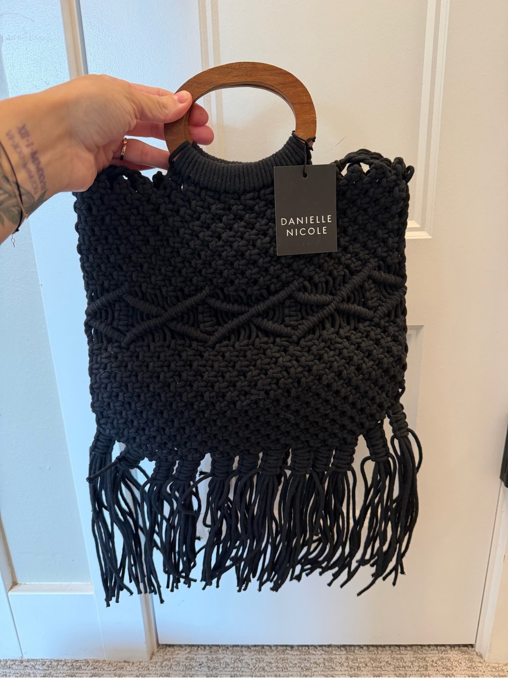 Danielle Nicole Black Macramé Fringe Tote with Wooden Handles